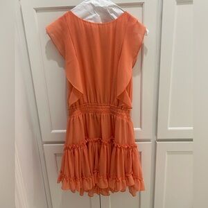 MISA Los Angeles Popover Coral Ruffle Tiered Mini Dress